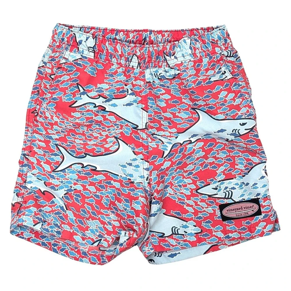 Vineyard Vines Boys Shark Print Swim Trunks 2T Red Blue Beach Shorts